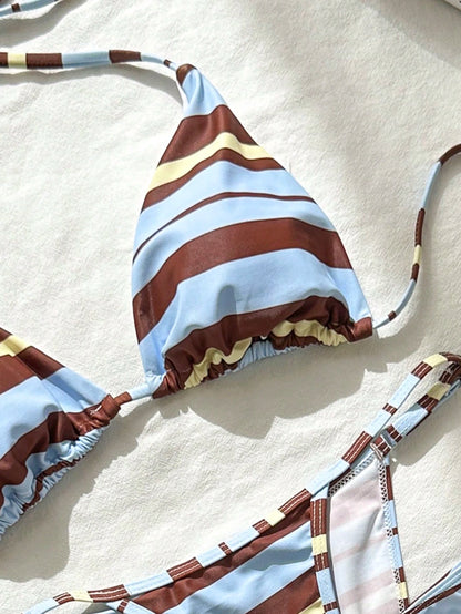 3pcs Women's Bikini Swimsuit Set With Striped Print, Blue And Yellow Mini Skirt, Beach Cover-Up, Summer Vacation Casual Wear, Suitable For Vacation, Date, Afternoon Tea, Music Festival, Outing, Back T