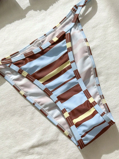 3pcs Women's Bikini Swimsuit Set With Striped Print, Blue And Yellow Mini Skirt, Beach Cover-Up, Summer Vacation Casual Wear, Suitable For Vacation, Date, Afternoon Tea, Music Festival, Outing, Back T