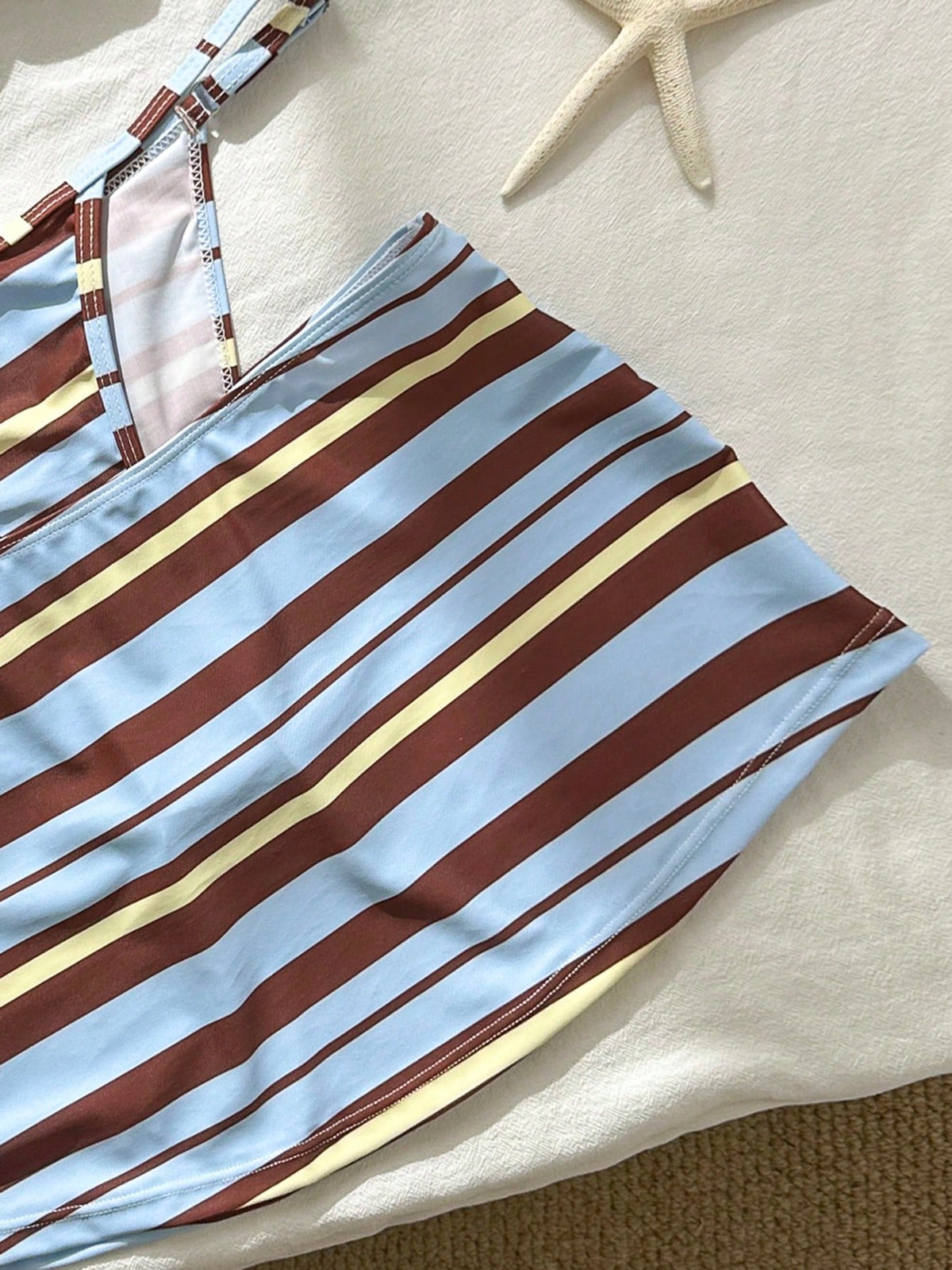 3pcs Women's Bikini Swimsuit Set With Striped Print, Blue And Yellow Mini Skirt, Beach Cover-Up, Summer Vacation Casual Wear, Suitable For Vacation, Date, Afternoon Tea, Music Festival, Outing, Back T