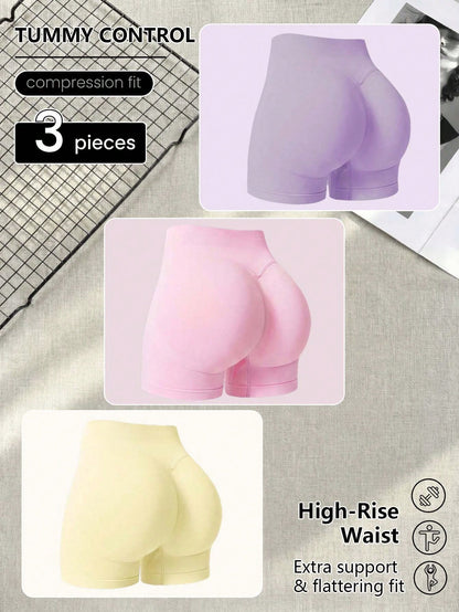 3pcs Women's Sports Shorts, Seamless Elastic Tight Shorts, High Waist Opaque Slimming Yoga Shorts, Suitable For Fitness, Running, Cycling, Yoga, Workout And Casual Daily Wear, Athleisure