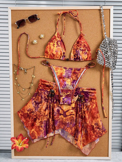 3pcs Women's Tie Dye Print Halter Neck Bikini Set With Tassel Bead Decor Sheer Beach Skirt Vacation Red Summer