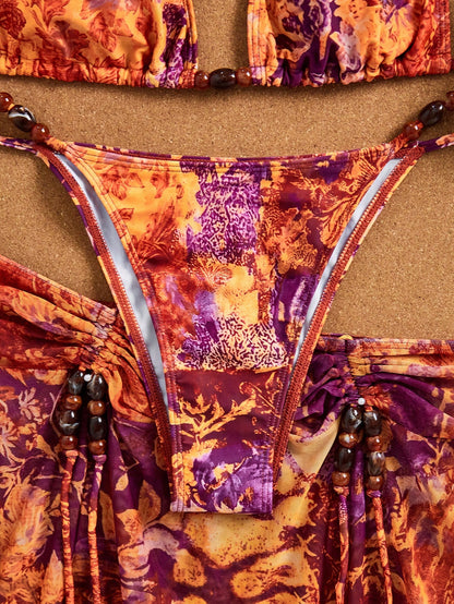 3pcs Women's Tie Dye Print Halter Neck Bikini Set With Tassel Bead Decor Sheer Beach Skirt Vacation Red Summer