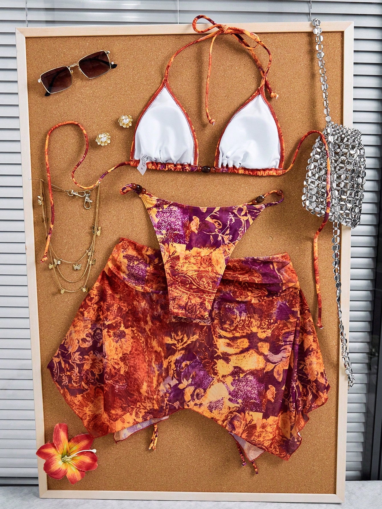 3pcs Women's Tie Dye Print Halter Neck Bikini Set With Tassel Bead Decor Sheer Beach Skirt Vacation Red Summer