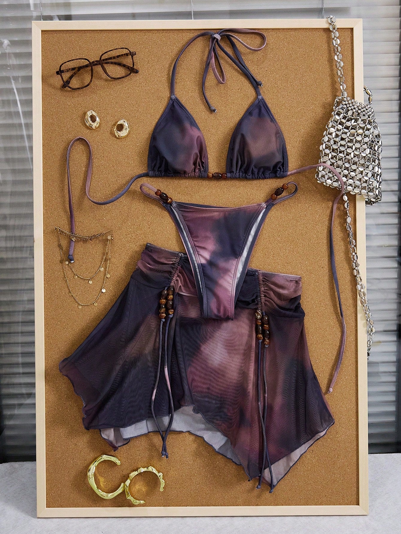 3pcs Women's Tie Dye Print Halter Neck Bikini Set With Tassel Bead Decor Sheer Beach Skirt Vacation Red Summer