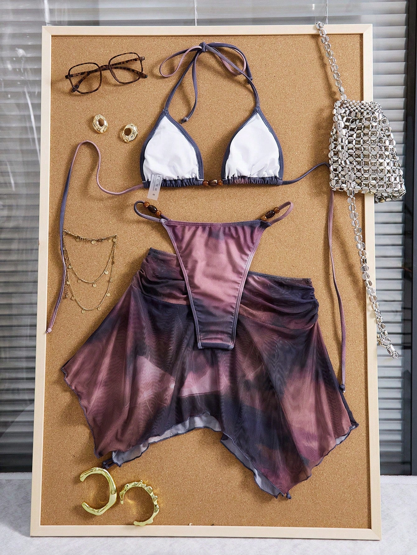 3pcs Women's Tie Dye Print Halter Neck Bikini Set With Tassel Bead Decor Sheer Beach Skirt Vacation Red Summer
