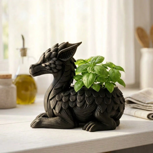 4.3"L X 3.5"H Black/Red Dragon-Shaped Succulent Planter, Small Desktop Cactus Pot For Home And Office Decor