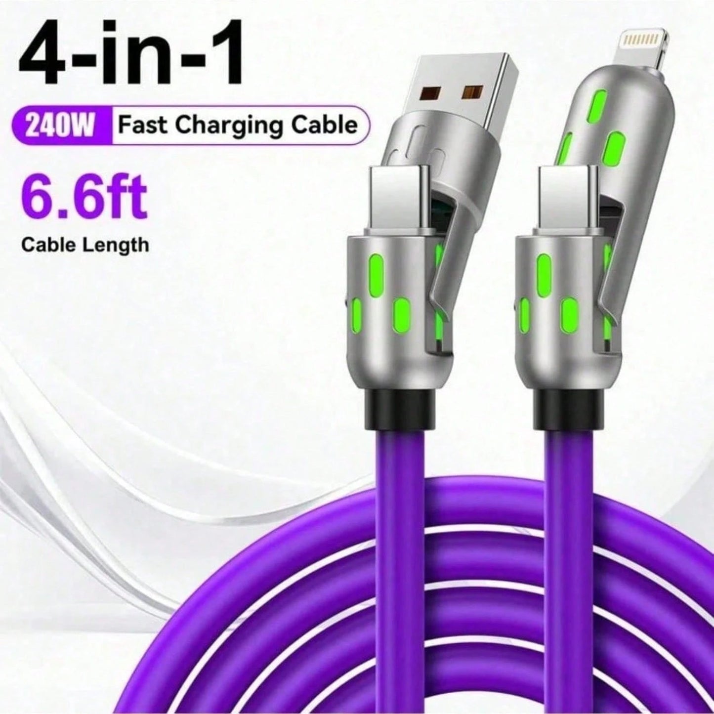 4-In-1 240W USB C Silicone Cable, Multi-Functional Fast Charging Cord With Type-C & Lightning Ports, High-Speed Power Delivery Adapter For Smartphones, Laptops, Tablets