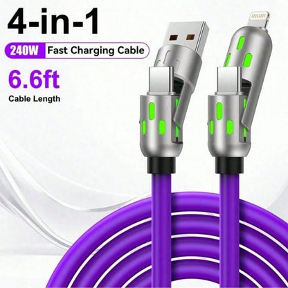 4-In-1 240W USB C Silicone Cable, Multi-Functional Fast Charging Cord With Type-C & Lightning Ports, High-Speed Power Delivery Adapter For Smartphones, Laptops, Tablets