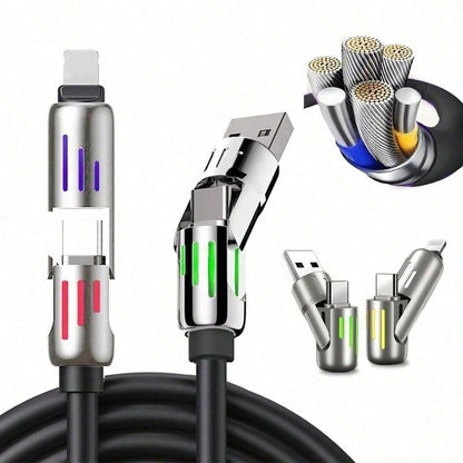 4-In-1 240W USB C Silicone Cable, Multi-Functional Fast Charging Cord With Type-C & Lightning Ports, High-Speed Power Delivery Adapter For Smartphones, Laptops, Tablets