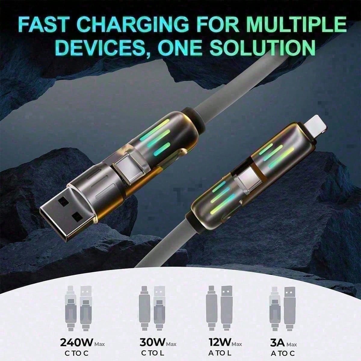 4-In-1 240W USB C Silicone Cable, Multi-Functional Fast Charging Cord With Type-C & Lightning Ports, High-Speed Power Delivery Adapter For Smartphones, Laptops, Tablets