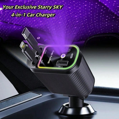 4-In-1 Car Roof Super Fast Retractable Car Charger With Retractable Cables, Dual Charge Port,Starlight In Roof Fast Charging Adapter-Automotive Car Charger Starlight Led Charger