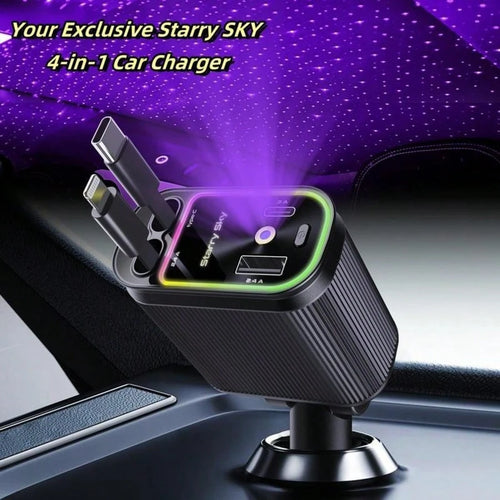 4-In-1 Car Roof Super Fast Retractable Car Charger With Retractable Cables, Dual Charge Port,Starlight In Roof Fast Charging Adapter-Automotive Car Charger Starlight Led Charger