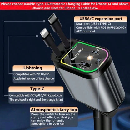 4-In-1 Car Roof Super Fast Retractable Car Charger With Retractable Cables, Dual Charge Port,Starlight In Roof Fast Charging Adapter-Automotive Car Charger Starlight Led Charger