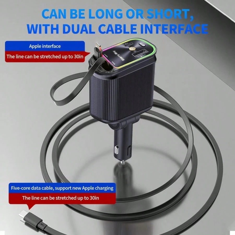4-In-1 Car Roof Super Fast Retractable Car Charger With Retractable Cables, Dual Charge Port,Starlight In Roof Fast Charging Adapter-Automotive Car Charger Starlight Led Charger