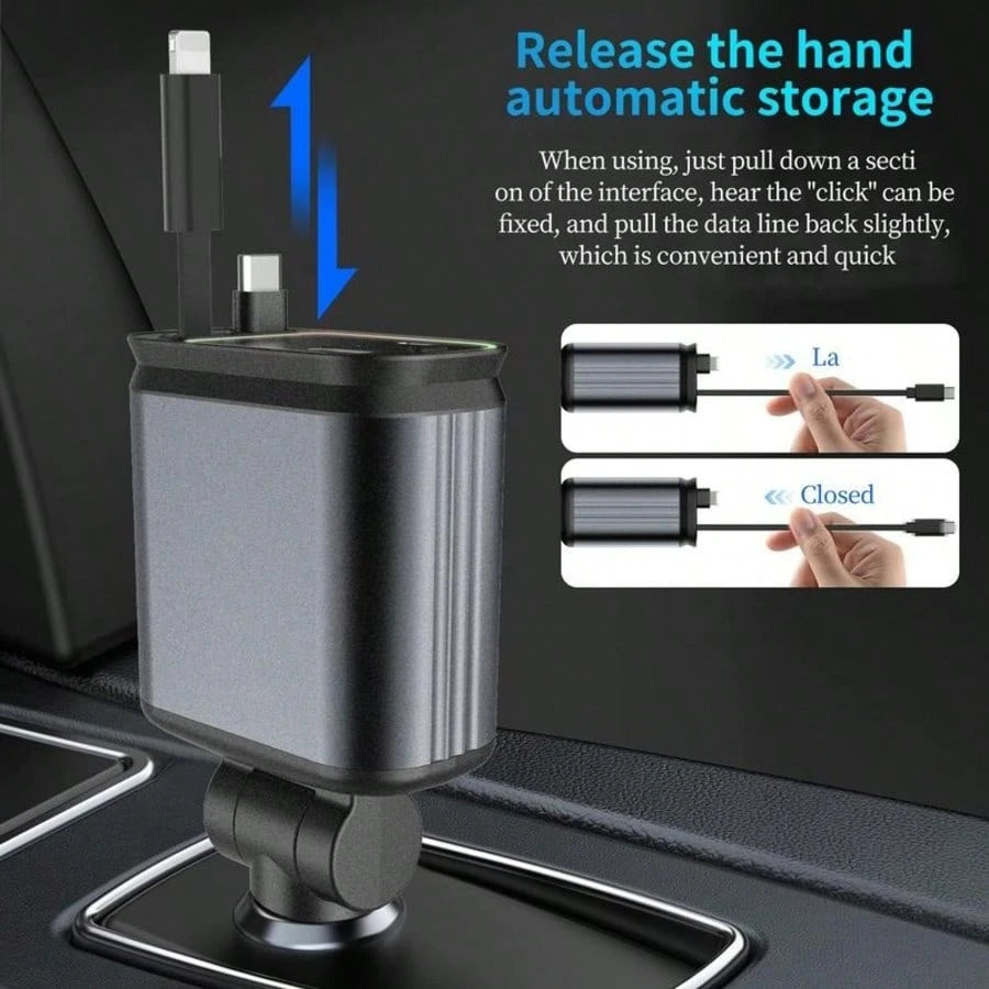 4-In-1 Car Roof Super Fast Retractable Car Charger With Retractable Cables, Dual Charge Port,Starlight In Roof Fast Charging Adapter-Automotive Car Charger Starlight Led Charger