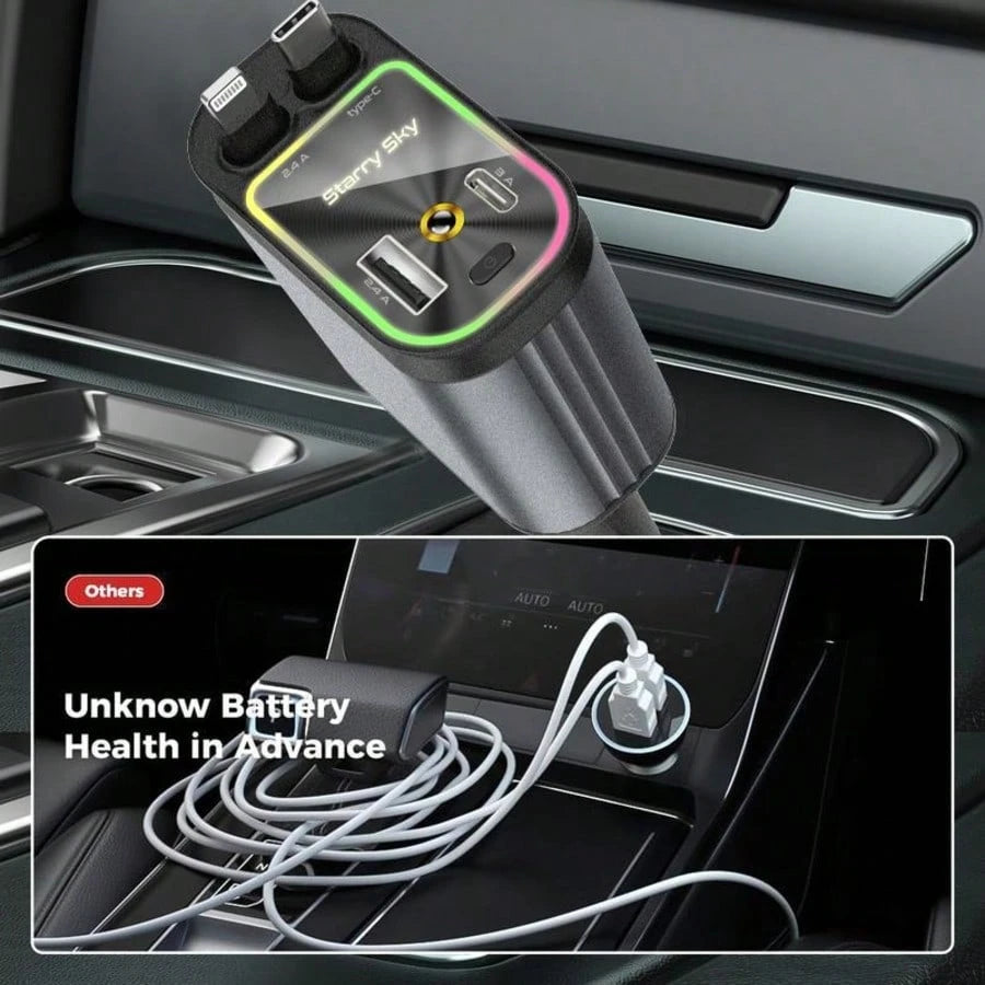 4-In-1 Car Roof Super Fast Retractable Car Charger With Retractable Cables, Dual Charge Port,Starlight In Roof Fast Charging Adapter-Automotive Car Charger Starlight Led Charger
