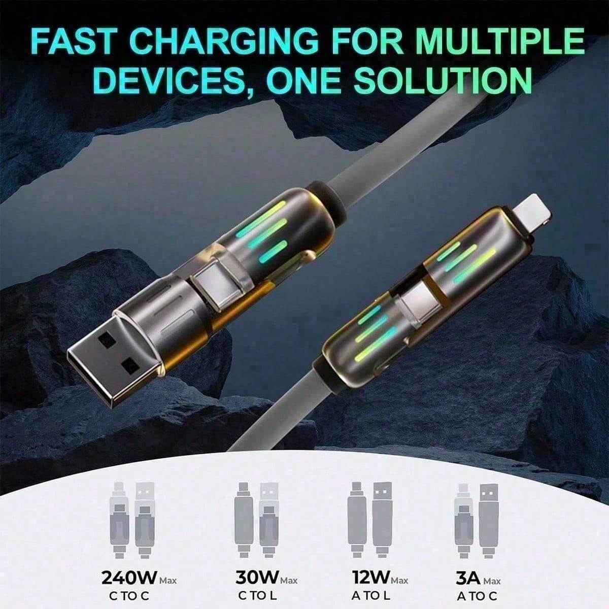 4-In-1 USB Charging Cable,240W Multi USB C Fast Charging Cable Combo Type C/USB Port For IPhone 16/15 14 13 IPad Galaxy IPad And More