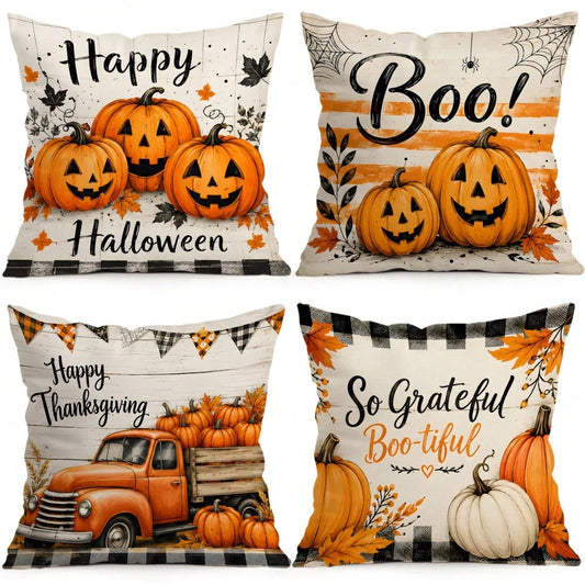 4pcs/1pc Halloween Thanksgiving Pumpkin Truck Pattern Pillow Case, Single-Sided Print Pillow Case, Suitable For Living Room Bedroom Home Decor, All Season Pillow Case