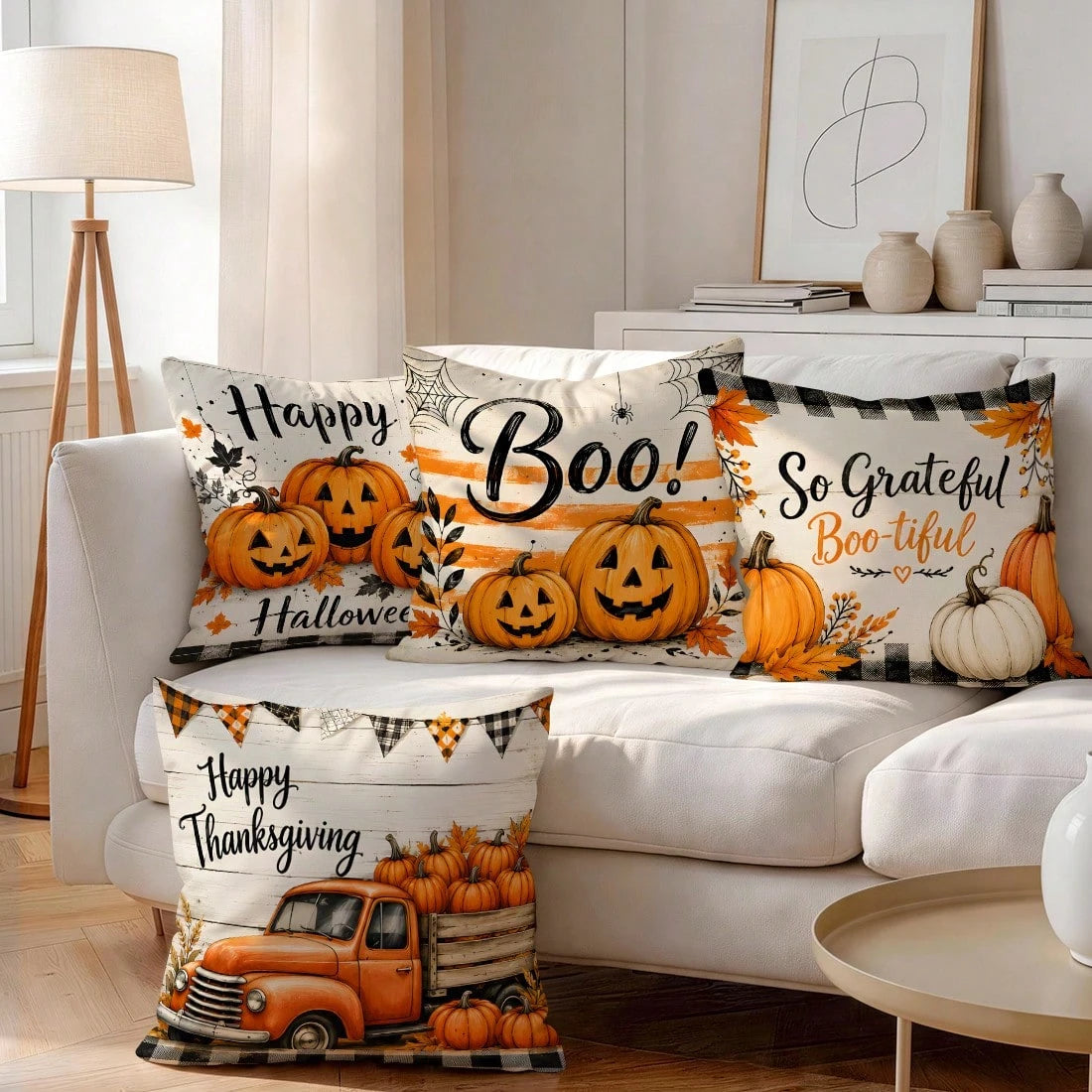 4pcs/1pc Halloween Thanksgiving Pumpkin Truck Pattern Pillow Case, Single-Sided Print Pillow Case, Suitable For Living Room Bedroom Home Decor, All Season Pillow Case