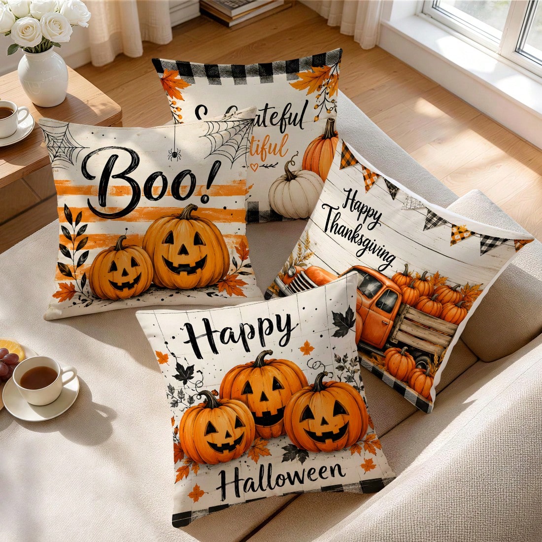 4pcs/1pc Halloween Thanksgiving Pumpkin Truck Pattern Pillow Case, Single-Sided Print Pillow Case, Suitable For Living Room Bedroom Home Decor, All Season Pillow Case