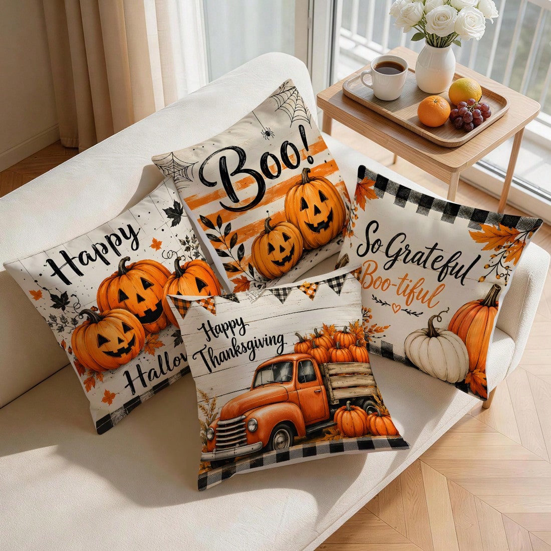 4pcs/1pc Halloween Thanksgiving Pumpkin Truck Pattern Pillow Case, Single-Sided Print Pillow Case, Suitable For Living Room Bedroom Home Decor, All Season Pillow Case