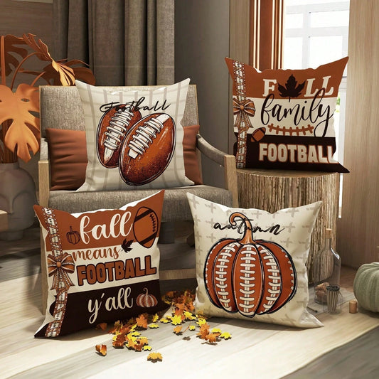 4pcs Autumn Football Thanksgiving Pumpkin Pillow Covers, Machine Washable Zipper Closure Single-Sided Printed Decorative Cushion Covers For Living Room Sofa Bed Decoration Coreless 18x18inch,Room Deco