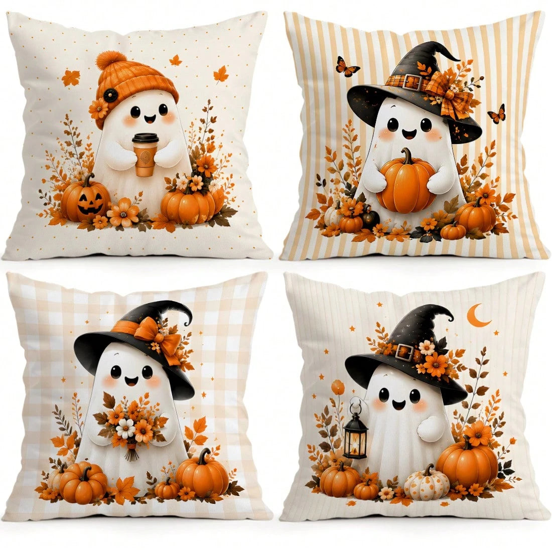 4pcs Autumn Gentle Ghost Pumpkin Pattern Pillow Covers Without Inserts, Single-Sided Printed Pillow Covers, Suitable For Living Room Bedroom Home Decor, All-Season Pillow Covers