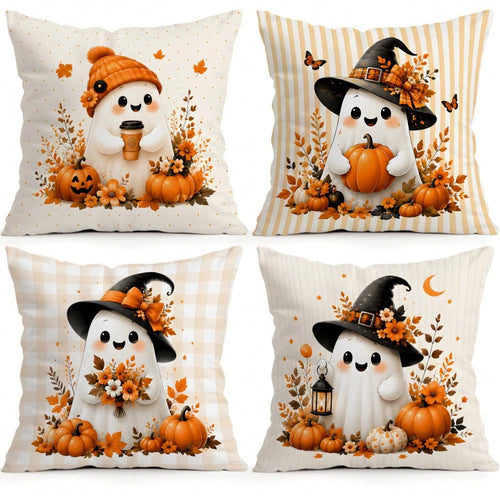 4pcs Autumn Gentle Ghost Pumpkin Pattern Pillow Covers Without Inserts, Single-Sided Printed Pillow Covers, Suitable For Living Room Bedroom Home Decor, All-Season Pillow Covers