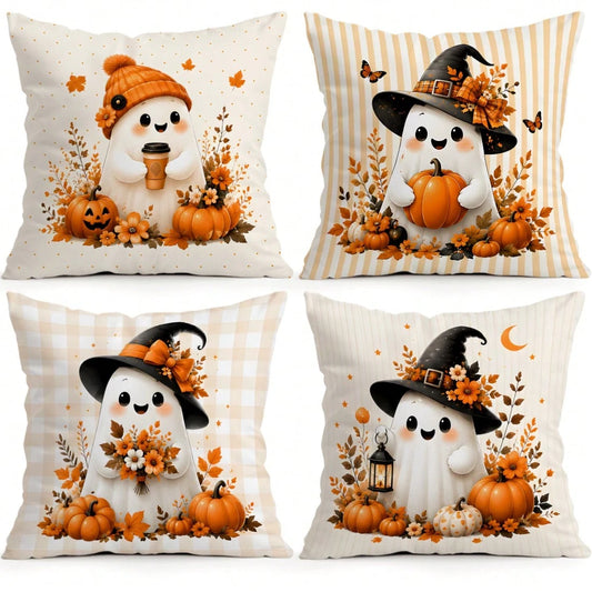 4pcs Autumn Gentle Ghost Pumpkin Pattern Pillow Covers Without Inserts, Single-Sided Printed Pillow Covers, Suitable For Living Room Bedroom Home Decor, All-Season Pillow Covers