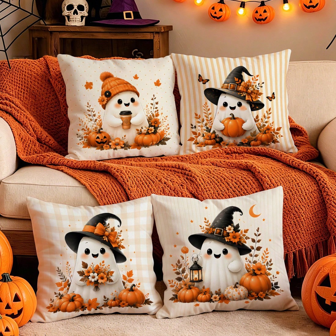 4pcs Autumn Gentle Ghost Pumpkin Pattern Pillow Covers Without Inserts, Single-Sided Printed Pillow Covers, Suitable For Living Room Bedroom Home Decor, All-Season Pillow Covers