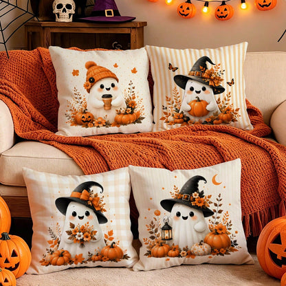 4pcs Autumn Gentle Ghost Pumpkin Pattern Pillow Covers Without Inserts, Single-Sided Printed Pillow Covers, Suitable For Living Room Bedroom Home Decor, All-Season Pillow Covers