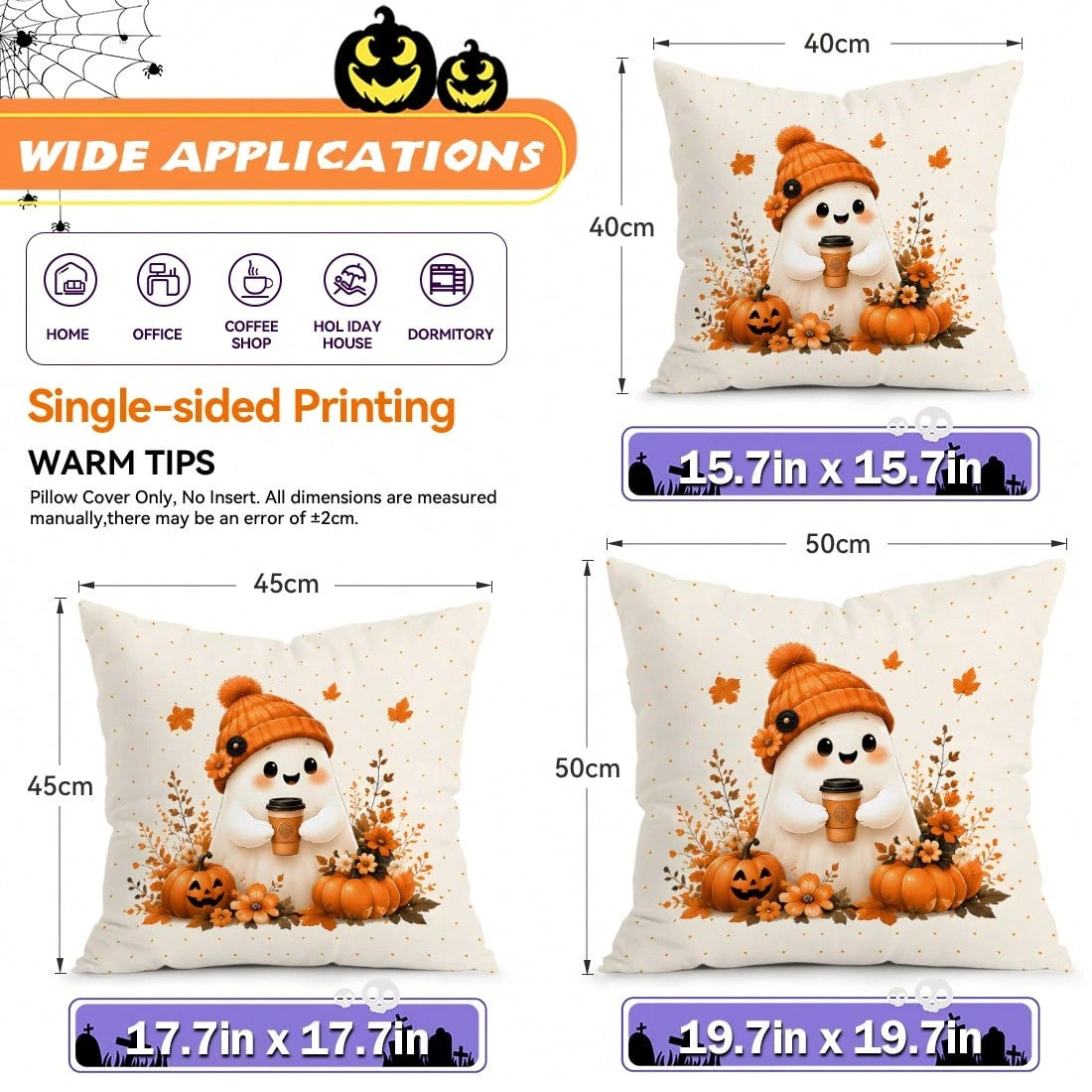 4pcs Autumn Gentle Ghost Pumpkin Pattern Pillow Covers Without Inserts, Single-Sided Printed Pillow Covers, Suitable For Living Room Bedroom Home Decor, All-Season Pillow Covers