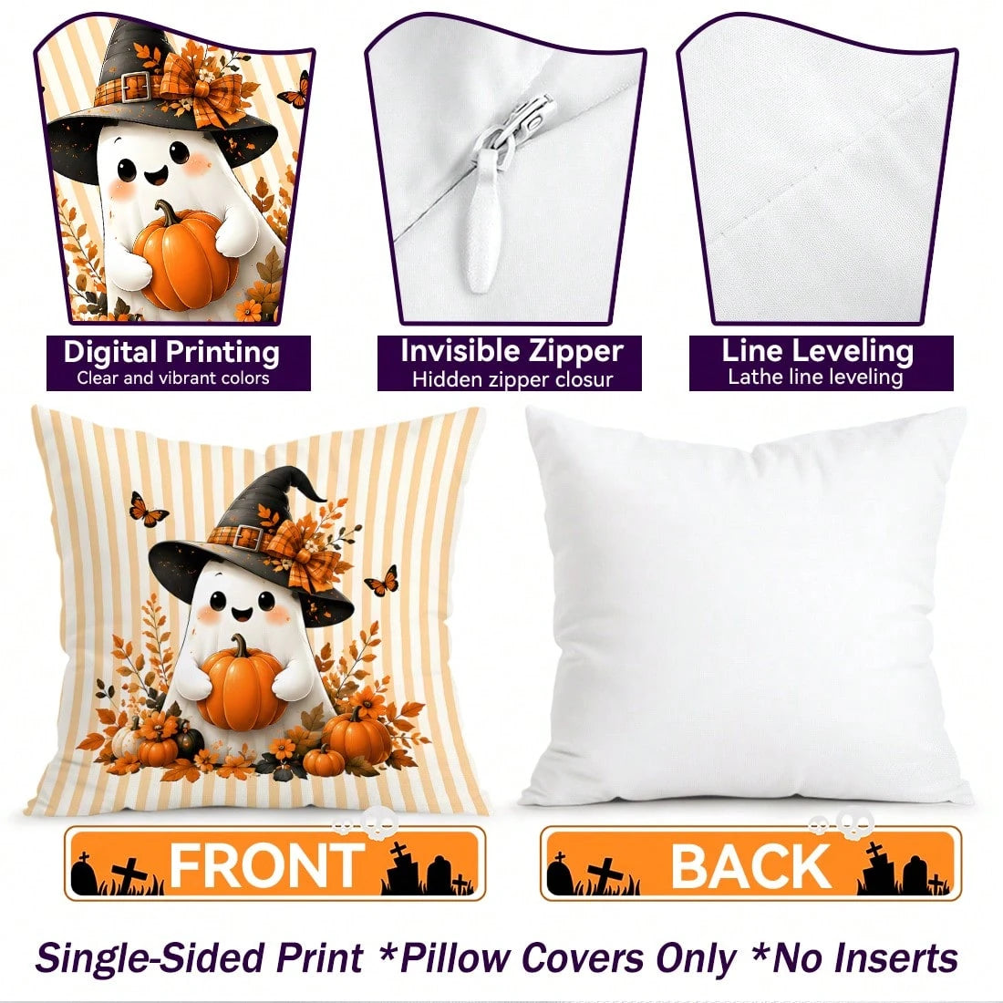 4pcs Autumn Gentle Ghost Pumpkin Pattern Pillow Covers Without Inserts, Single-Sided Printed Pillow Covers, Suitable For Living Room Bedroom Home Decor, All-Season Pillow Covers