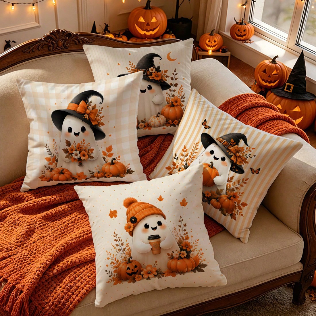 4pcs Autumn Gentle Ghost Pumpkin Pattern Pillow Covers Without Inserts, Single-Sided Printed Pillow Covers, Suitable For Living Room Bedroom Home Decor, All-Season Pillow Covers