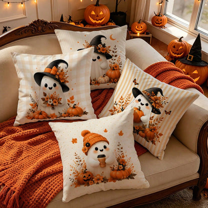 4pcs Autumn Gentle Ghost Pumpkin Pattern Pillow Covers Without Inserts, Single-Sided Printed Pillow Covers, Suitable For Living Room Bedroom Home Decor, All-Season Pillow Covers