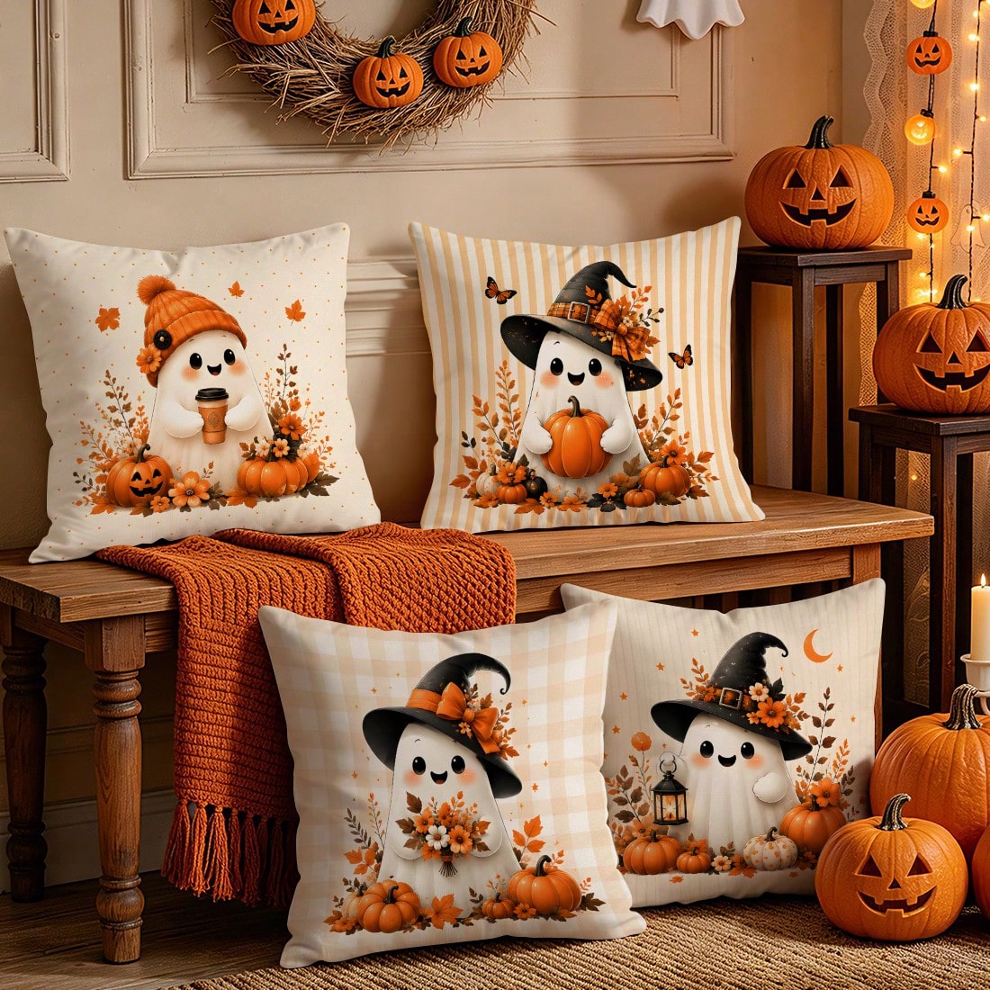 4pcs Autumn Gentle Ghost Pumpkin Pattern Pillow Covers Without Inserts, Single-Sided Printed Pillow Covers, Suitable For Living Room Bedroom Home Decor, All-Season Pillow Covers