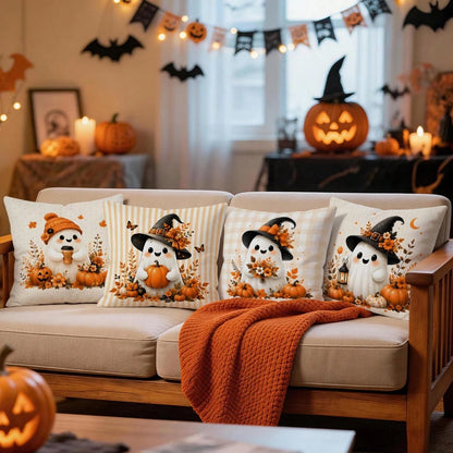 4pcs Autumn Gentle Ghost Pumpkin Pattern Pillow Covers Without Inserts, Single-Sided Printed Pillow Covers, Suitable For Living Room Bedroom Home Decor, All-Season Pillow Covers