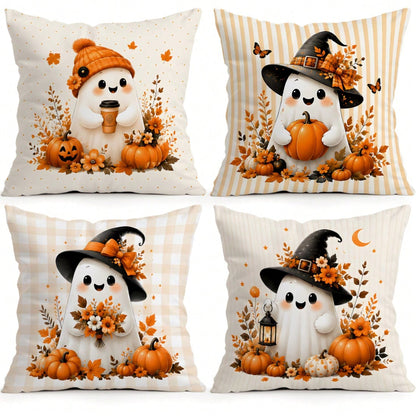 4pcs Autumn Gentle Ghost Pumpkin Pattern Pillow Covers Without Inserts, Single-Sided Printed Pillow Covers, Suitable For Living Room Bedroom Home Decor, All-Season Pillow Covers