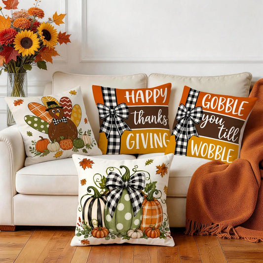 4pcs Autumn Pumpkin & Turkey Pattern Single-Sided Printed Throw Pillow Covers/Cushion Covers, Multi-Scene Atmosphere Decor Pillow Covers Suitable For Living Room, Sofa, Bedroom, Without Pillow Insert