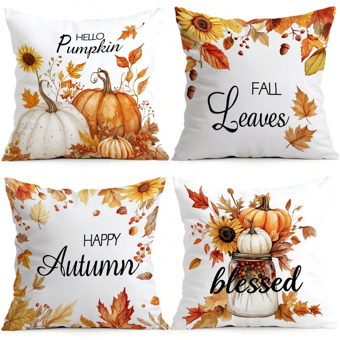 4pcs Autumn Sunflower & Maple Leaf Pattern Pillow Covers, Single-Sided Printed Cushion Covers, Suitable For Living Room, Bedroom, Home Decor, All-Season Use