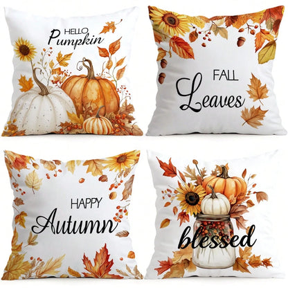 4pcs Autumn Sunflower & Maple Leaf Pattern Pillow Covers, Single-Sided Printed Cushion Covers, Suitable For Living Room, Bedroom, Home Decor, All-Season Use