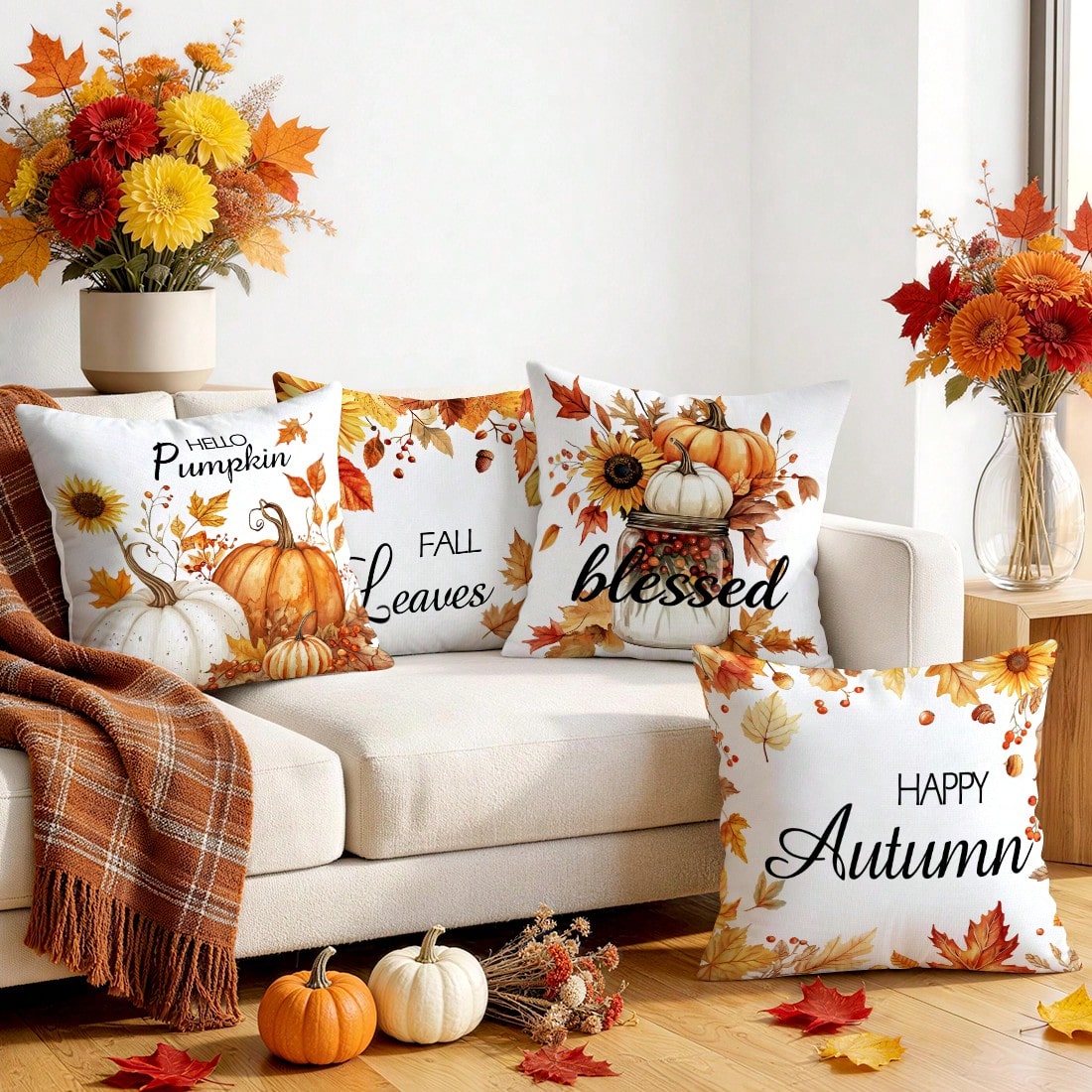 4pcs Autumn Sunflower & Maple Leaf Pattern Pillow Covers, Single-Sided Printed Cushion Covers, Suitable For Living Room, Bedroom, Home Decor, All-Season Use