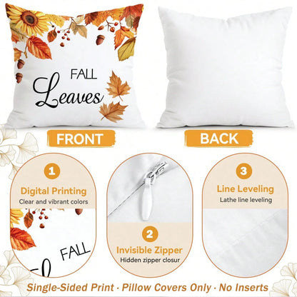 4pcs Autumn Sunflower & Maple Leaf Pattern Pillow Covers, Single-Sided Printed Cushion Covers, Suitable For Living Room, Bedroom, Home Decor, All-Season Use