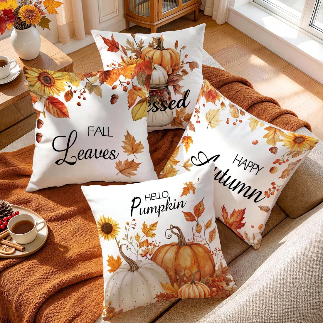 4pcs Autumn Sunflower & Maple Leaf Pattern Pillow Covers, Single-Sided Printed Cushion Covers, Suitable For Living Room, Bedroom, Home Decor, All-Season Use