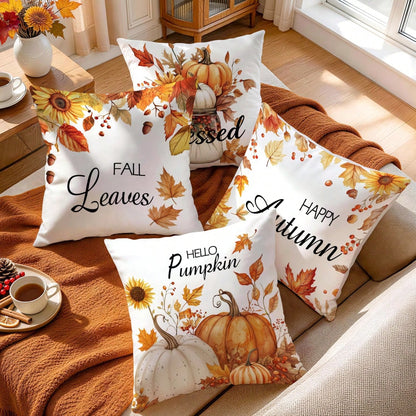 4pcs Autumn Sunflower & Maple Leaf Pattern Pillow Covers, Single-Sided Printed Cushion Covers, Suitable For Living Room, Bedroom, Home Decor, All-Season Use