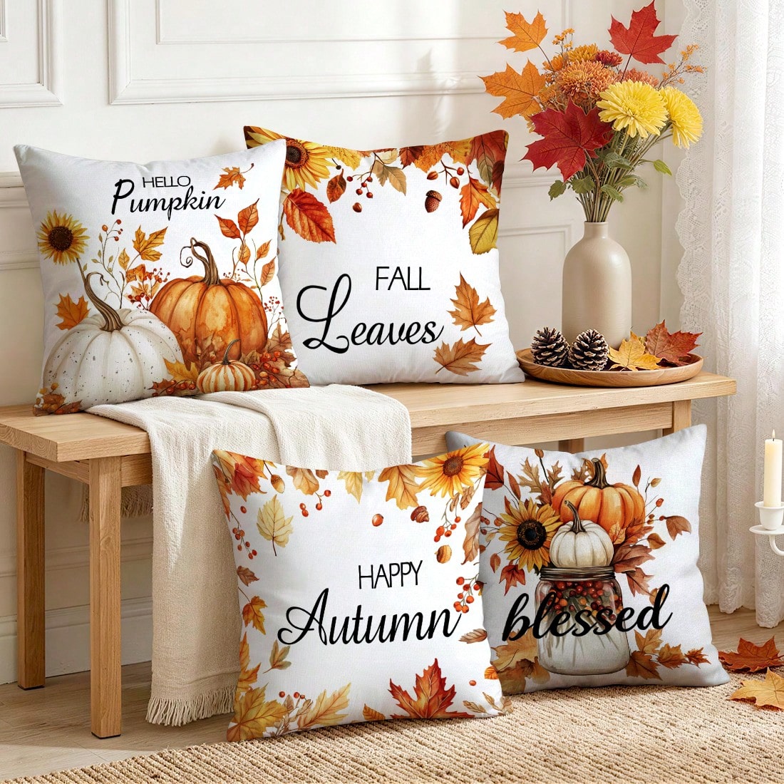 4pcs Autumn Sunflower & Maple Leaf Pattern Pillow Covers, Single-Sided Printed Cushion Covers, Suitable For Living Room, Bedroom, Home Decor, All-Season Use