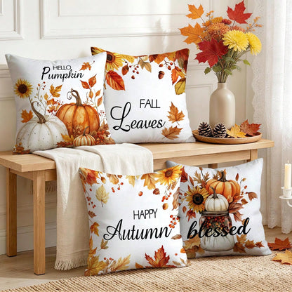 4pcs Autumn Sunflower & Maple Leaf Pattern Pillow Covers, Single-Sided Printed Cushion Covers, Suitable For Living Room, Bedroom, Home Decor, All-Season Use
