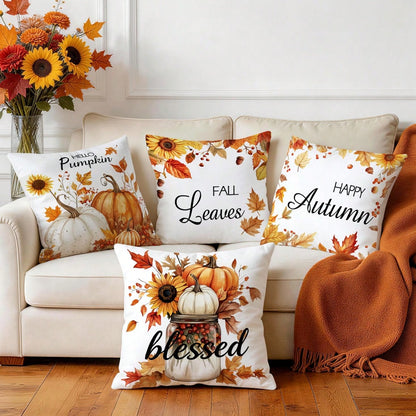 4pcs Autumn Sunflower & Maple Leaf Pattern Pillow Covers, Single-Sided Printed Cushion Covers, Suitable For Living Room, Bedroom, Home Decor, All-Season Use