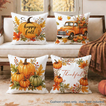 4pcs Autumn Vintage Orange Pumpkin Print Pillow Covers [Without Pillow Insert], 40*40cm/45*45cm/50*50cm, [Single-Sided Printing] Made Of Polyester Material Happy Fall Thankful Watercolor Maple Leaf Be