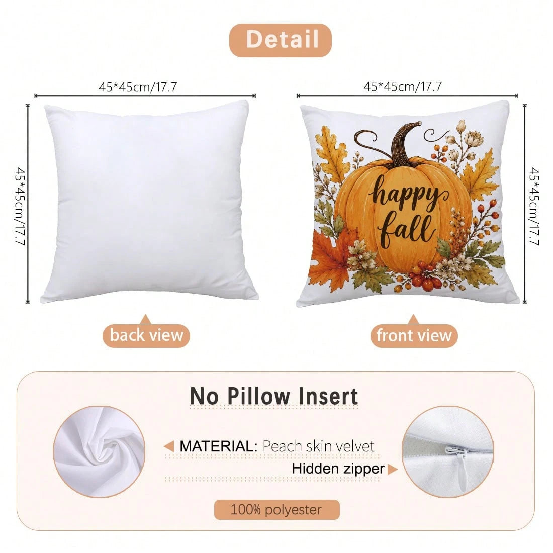 4pcs Autumn Vintage Orange Pumpkin Print Pillow Covers [Without Pillow Insert], 40*40cm/45*45cm/50*50cm, [Single-Sided Printing] Made Of Polyester Material Happy Fall Thankful Watercolor Maple Leaf Be